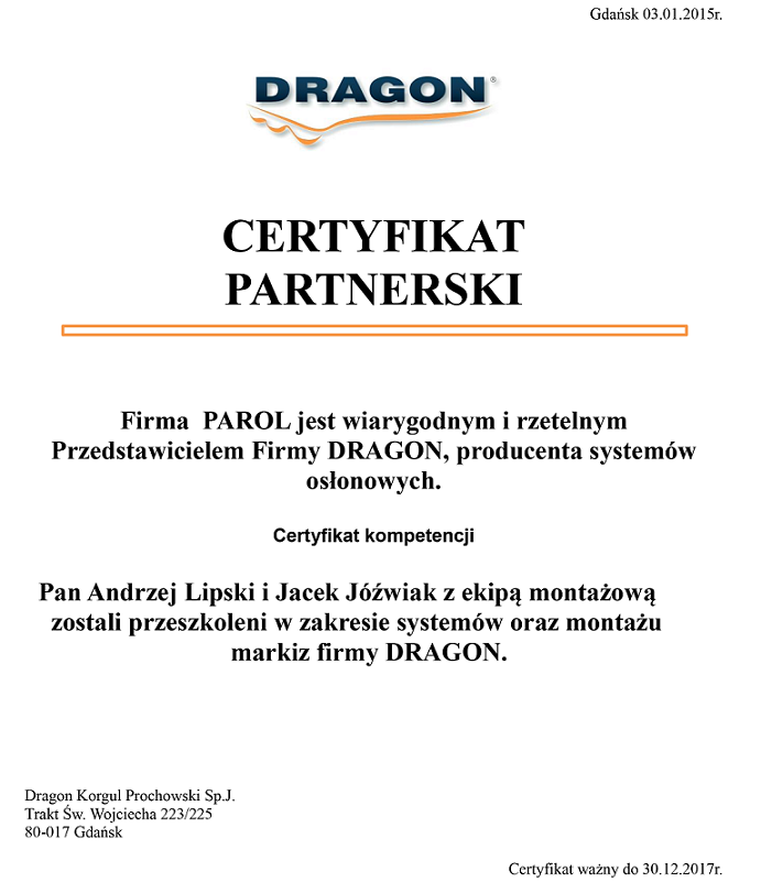 certyfikat dragon Certyfikat Dragon dla firmy Parol